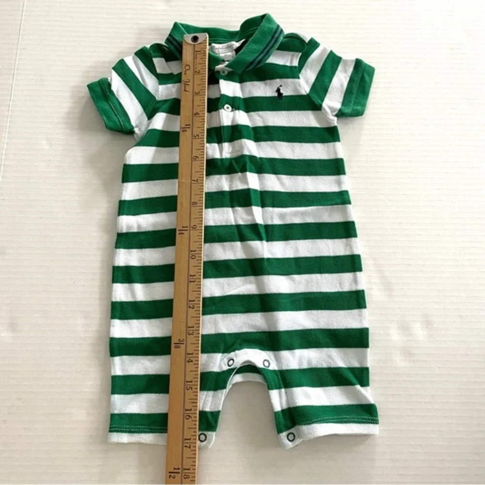 Ralph Lauren Striped Pony Logo‎ One Piece Cotton Romper Green White Baby 9 Month
